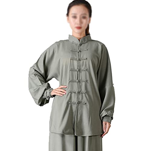 ZHOUXIAO Baumwollleinen Taichi Uniform Frau Stretch Martial Arts Anzug Kung Fu Kleidung Zen Meditation Kleidung Morning Übungen Kleidung Langarm Jacke Hemd Hosen Green-L