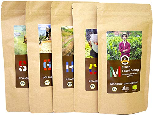 Kaffee Globetrotter - Bio 5 x 1 kg Sparpaket Probierpaket (Ganze Bohnen) - für Vollautomaten - 5 Sorten Raritäten Spitzenkaffee aus Biologischem Anbau (Ganze Bohnen)