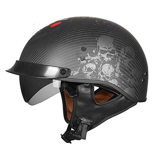 Motorradhalbhelm Bobber Helm Mofa-Helm Düsenhelm Retro Harley Motorradhelm Eingebaute Schutzbrille Kohlefaser Adult Four Seasons Safety Crash Helm Halbschalenhelm Mit ECE,J-L=（59~60cm）