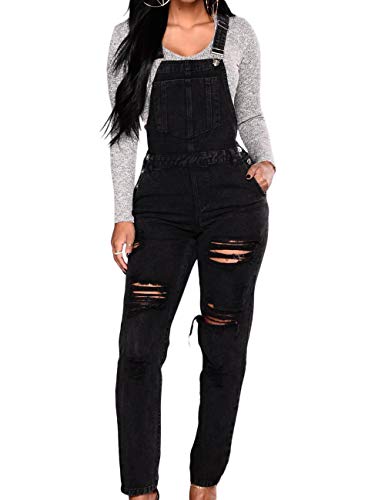 SOMTHRON Damen Casual Skinny Denim Latzhose mit Loch Schwarz Frühling Herbst(BL,S)