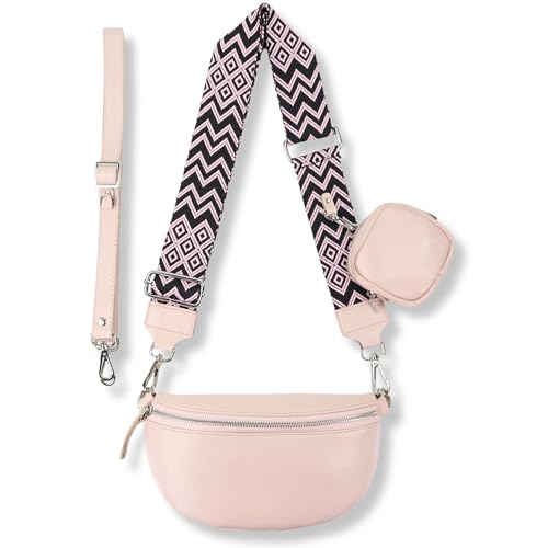 Blade Bauchtasche Damen Echtleder, stylisch Umhängetasche Damen, Crossbody Bag Damen mit 2 abnehmbaren verstellbaren Schultergurten und mit PORTEMONNAIE für Frauen-PINK (Groß/OPT-5)