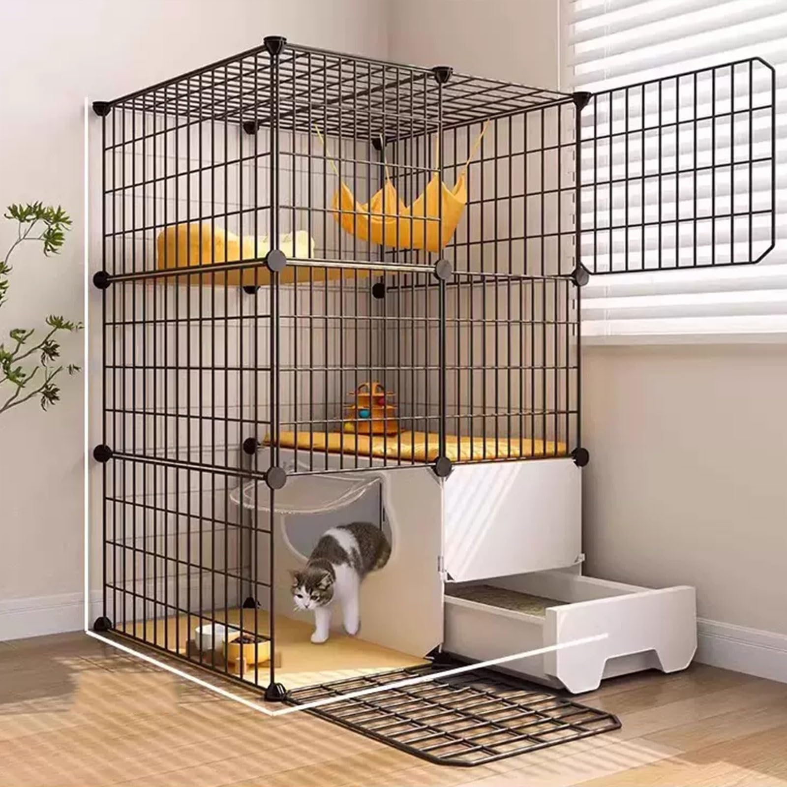 Großer abnehmbarer Katzenkäfig Laufstall für Innen for den Innenbereich mit Katzentoilette, abnehmbarem Zwinger aus Metalldraht, montierten Katzengehegen, großem Auslauf, Katzenhaus(49cm/19in)