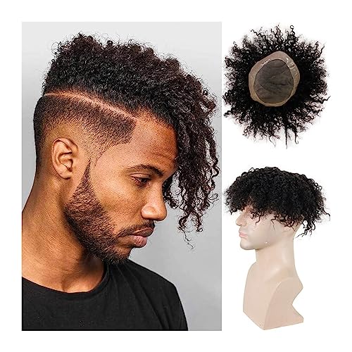 Perücke Männer Verworrenes lockiges Toupet for schwarze Männer, Remy-Echthaar-Ersatzsystem, Mono-Spitze mit PU um 1B#, aus schwarzem, atmungsaktivem Afro-Curl-Haarteil for Männer Toupet für Herren(6x8