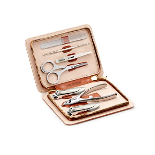 Zehennagelknipser 7-teiliger Edelstahl-Nagel-Set, professioneller Pediküre-Nagel-Set, tragbare Reise-Schönheits-Set mit tragbarer Mode-Tasche (grau/braun) Nagelknipser-Set (Color : Bruin)