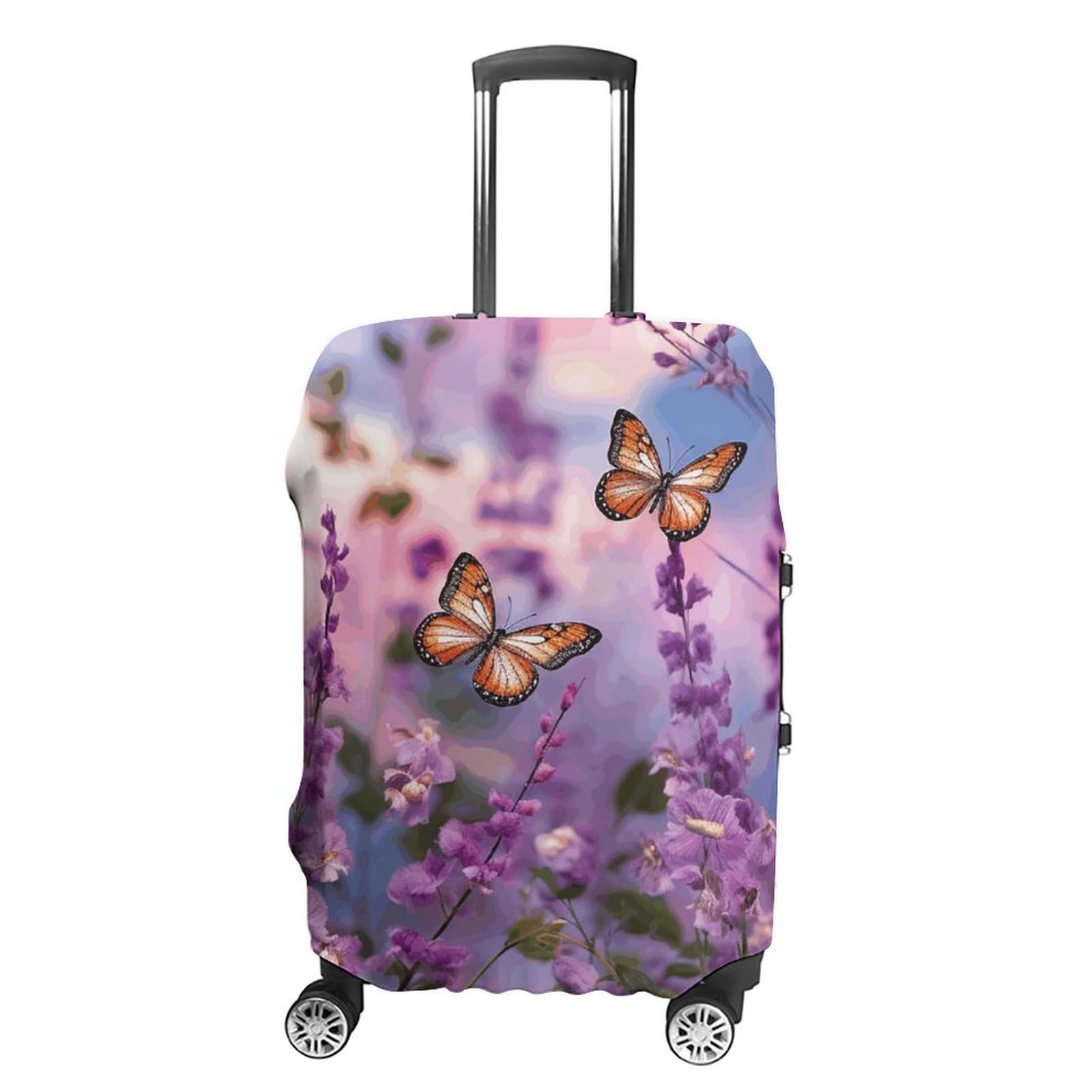 CSGJMYGS Reisegepäckabdeckung, elastisch, waschbar, modisch, kratzfest, Sonnenblumenfeld, Sonnenuntergang, Koffer-Schutz, passend für 45,7 - 81,3 cm Gepäck, Lavendel mit Schmetterlingen und Blumen, XL