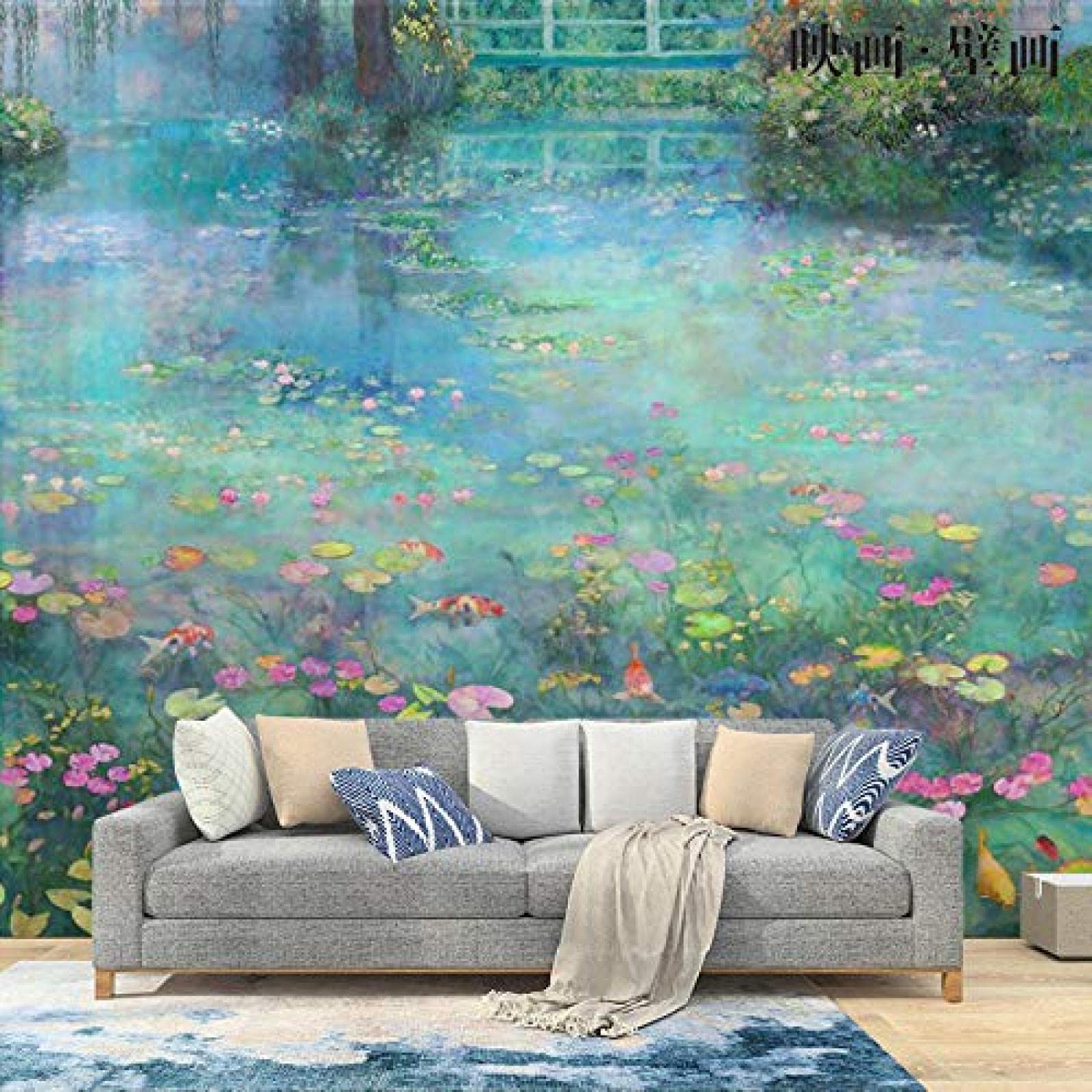 XLMING Handgemalte nordische idyllische Tapete mit Monet-Ölgemälde-Seerose-Landschaftswandbild fototapete 3d effekt tapete Wohnzimmer Schlafzimmer Hintergrundbild-350cm×256cm