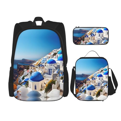 WURTON Santorini Griechische Insel Meerblick Druck Lunchbox Federmäppchen Rucksack Set 3 Stück Verstellbare Träger Langlebig Leicht Schwarz Einheitsgröße, Schwarz , Einheitsgröße