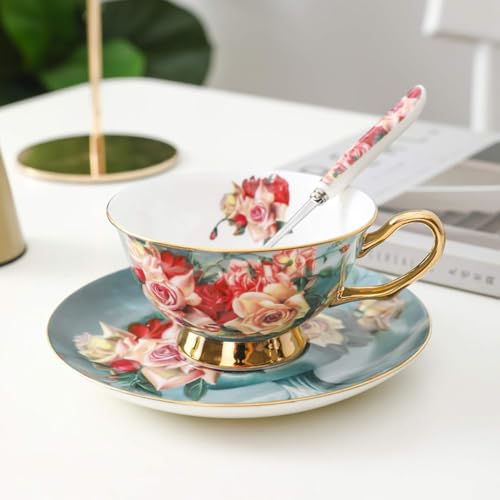 Kaffeeservice aus feinem Bone China-Porzellan, Teetasse aus Porzellankeramik, 200-ml-Kaffeetasse mit Untertasse und Löffel, Kaffeeservice, 1,7oz