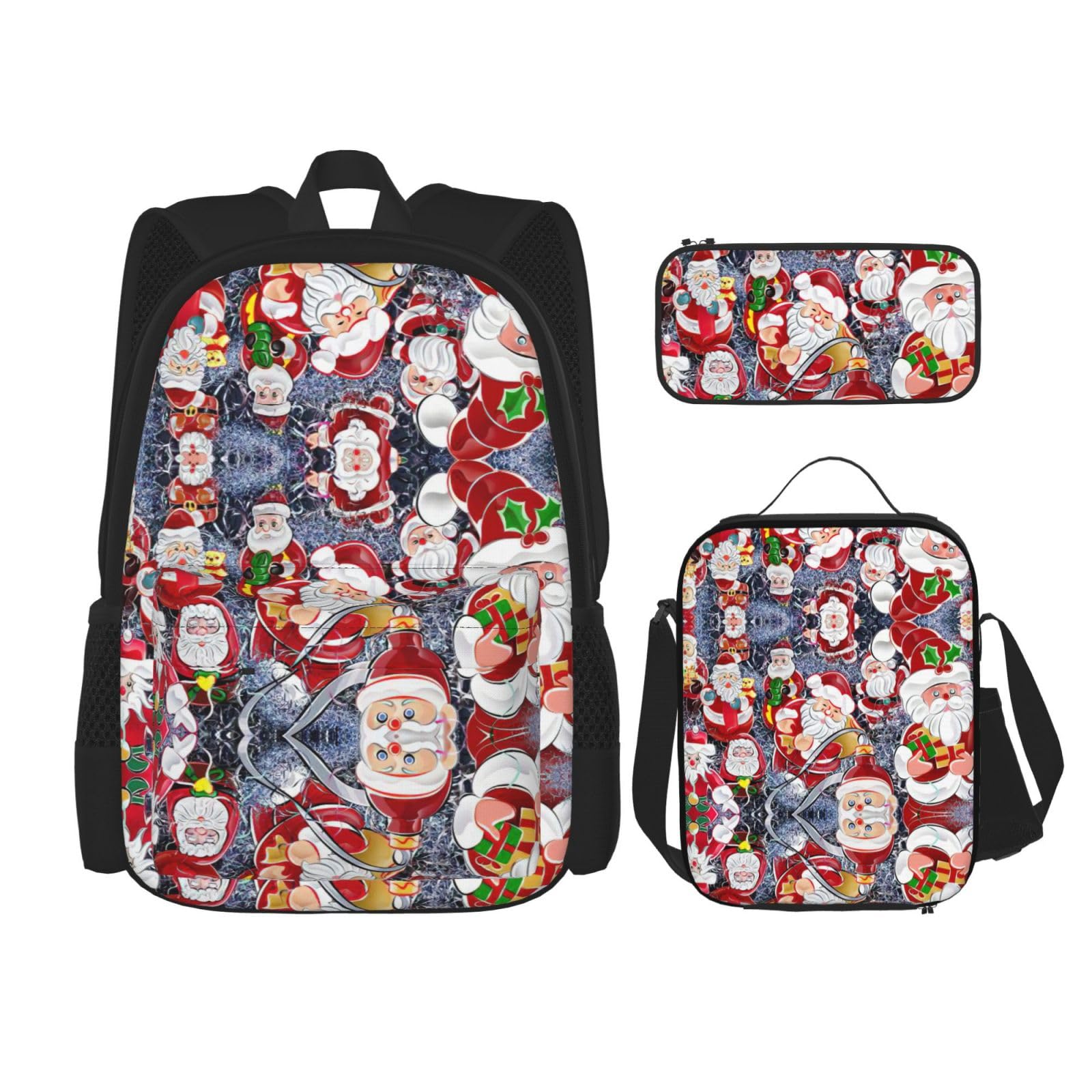 WURTON Rucksack-Set mit Weihnachtsmann-Motiv und Schneemann-Druck, verstellbare Schultergurte, Lunch-Tasche, Federmäppchen, Kombinationstaschen-Set