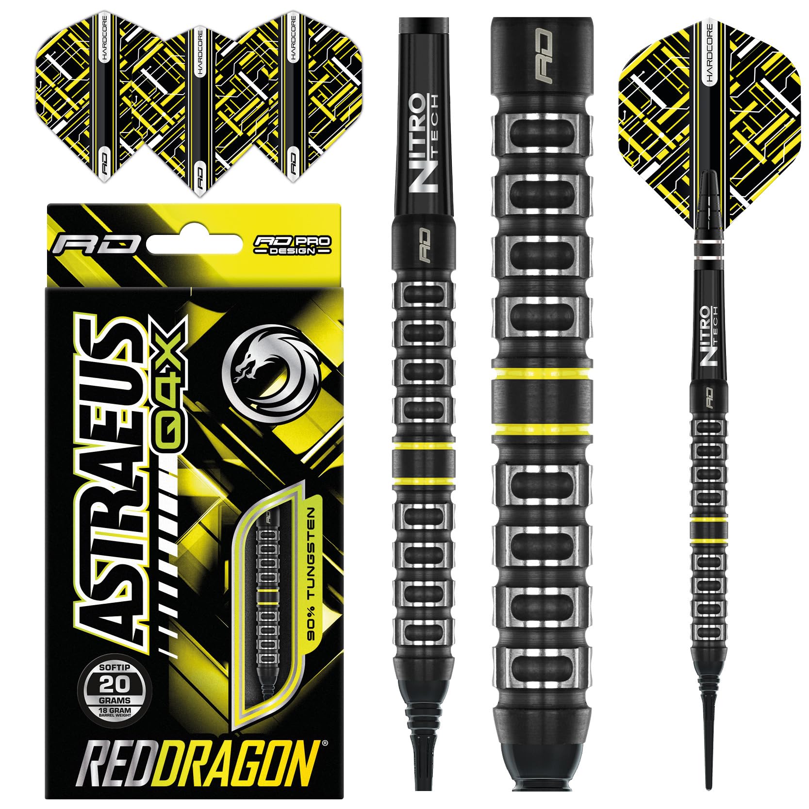 RED DRAGON Astraeus Q4X Paralleles 20 Gramm Premium Wolfram Softip Dart Set mit Flights und Schäften