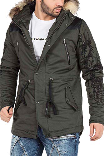 Cipo & Baxx Herren Winterjacke Kapuzenparka Gesteppten Kunstleder Jacke Mantel Parka mit Flauschkragen Khaki Gr.M