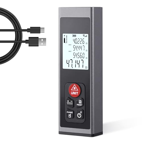 Laser Entfernungsmesser - Hychika Laser Messgerät Typ-C Wiederaufladbar 60M mit LCD Hintergrundbeleuchtung M/In/Ft Mit Mehreren Messmodi Wie Pythagoras/Abstand/Fläche/Volumen Messungen Messungen