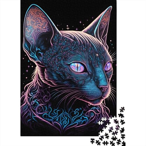 Kunstpuzzle für Erwachsene, 500 Teile, Schwarzlichtkatze, Holzpuzzle, Puzzle für Erwachsene, interessantes Puzzle zur Stressreduzierung, 52 x 38 cm