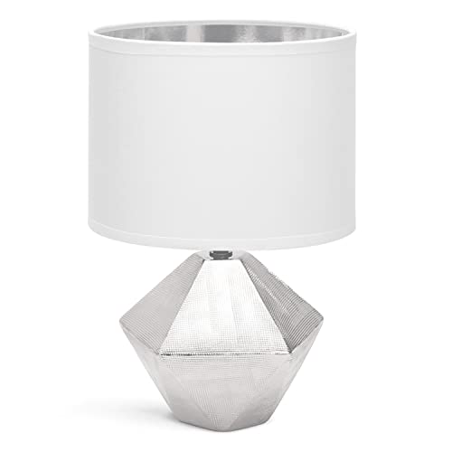 Aigostar Nachttischlampe, Moderne Tischlampe, Lampenschirm aus Stoff, Keramiksockel, E14-Fassung, Diamantform, Silber, 22 * ​​22 * ​​32 cm, 1,3 m Kabel, Vintage Design für Arbeitszimmer, Wohnzimmer