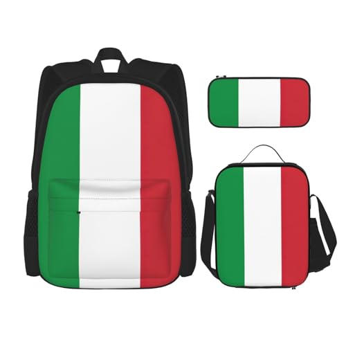 WURTON Rucksack mit italienischer Flagge, 3-in-1-Büchertaschen-Set, Lunchbox, Federmäppchen, Reise-Laptop-Tagesrucksäcke, Schwarz, Einheitsgröße, Schwarz, Einheitsgröße, Schwarz , Einheitsgröße