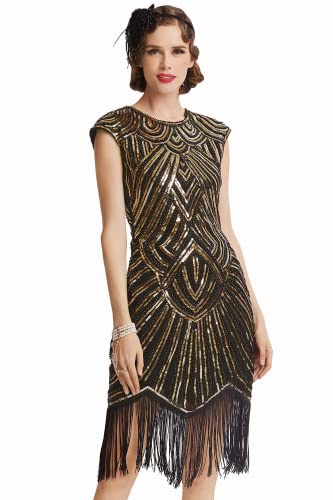 BABEYOND Damen Kleid voller Pailletten 20er Stil Runder Ausschnitt Inspiriert von Great Gatsby Kostüm Kleid (M (Fits 72-82 cm Waist & 90-100 cm Hips), Gold und Schwarz)