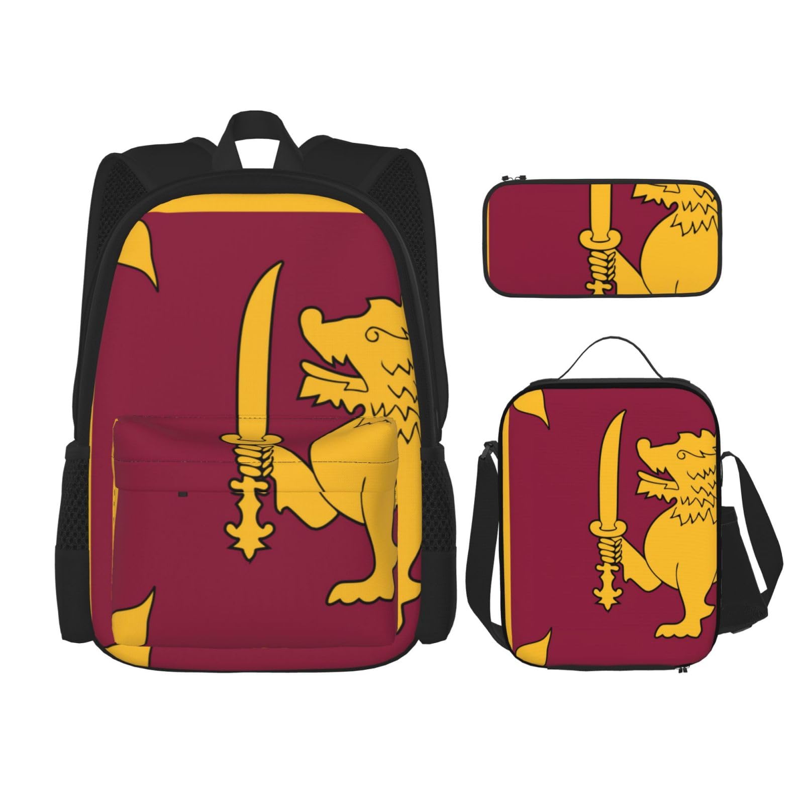 WURTON Sri Lanka Flagge Druck Reise Lunchbox Federmäppchen Rucksack Set 3 Stück Verstellbare Träger Leicht, Schwarz, Einheitsgröße, Schwarz, One Size