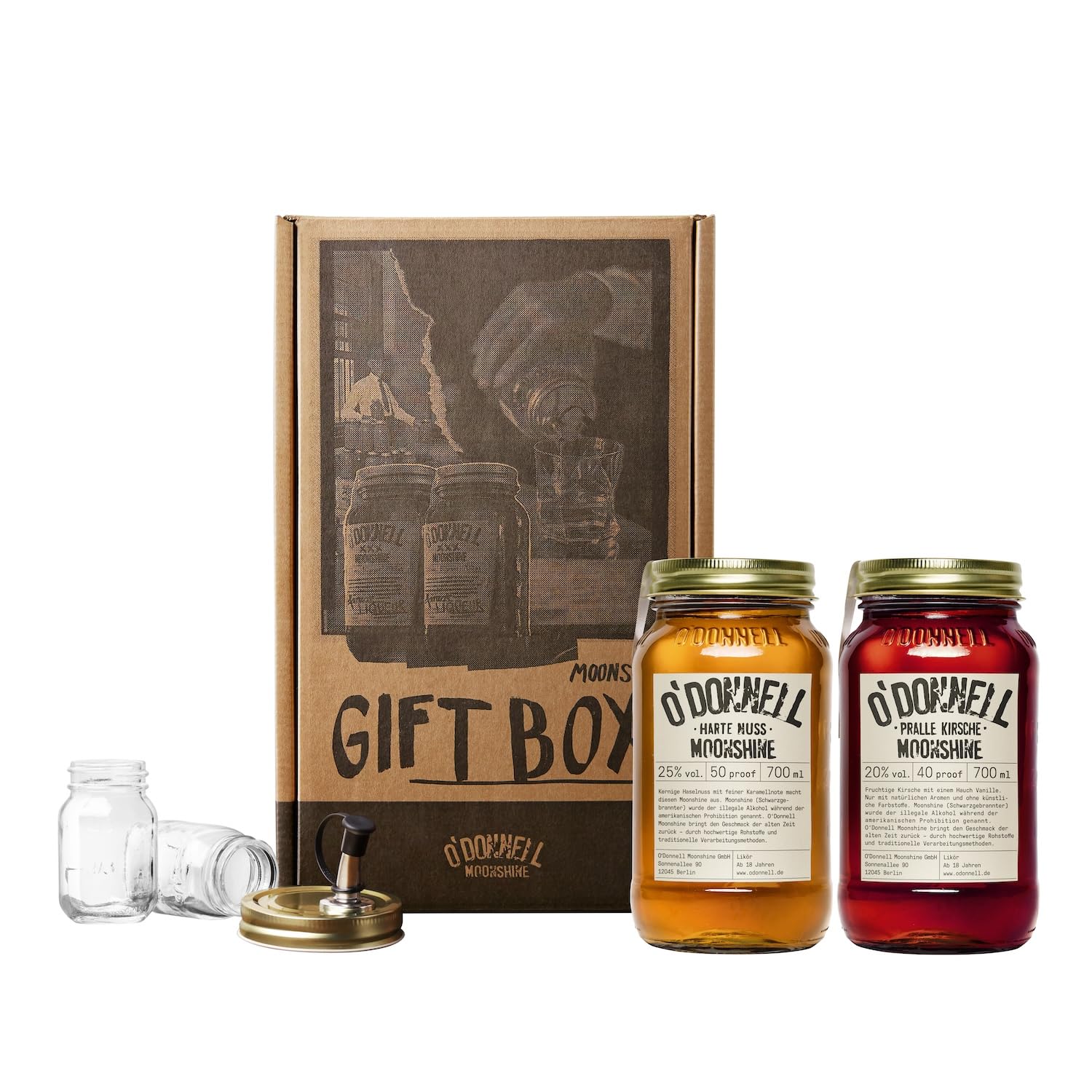 2er Likör Geschenkbox O'Donnell Moonshine | Premium Schnaps nach amerikanischer Tradition | vegan | Geschenkset | natürliche Zutaten | Geschenkidee (Harte Nuss/Pralle Kirsche)