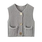 Sweater Vests Women 2024, Women's Button Front V Neck Sleeveless Crochet Solid Checkered Knit Sweater Vest with Pockets (Light Grey,Medium)