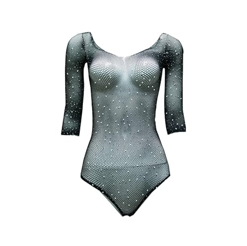 Dessous Damen Sexy Unterwäsche Diamant Pailletten Fischnetz Bodysuit Schiere Enge Sexy Mesh Schwarz M