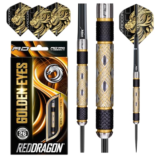 Red Dragon Golden Eye 1: 26g - 85% Tungsten Darts (Steel Dartpfeile) mit Flights, Schäfte, Brieftasche & RED DRAGON Checkout Card