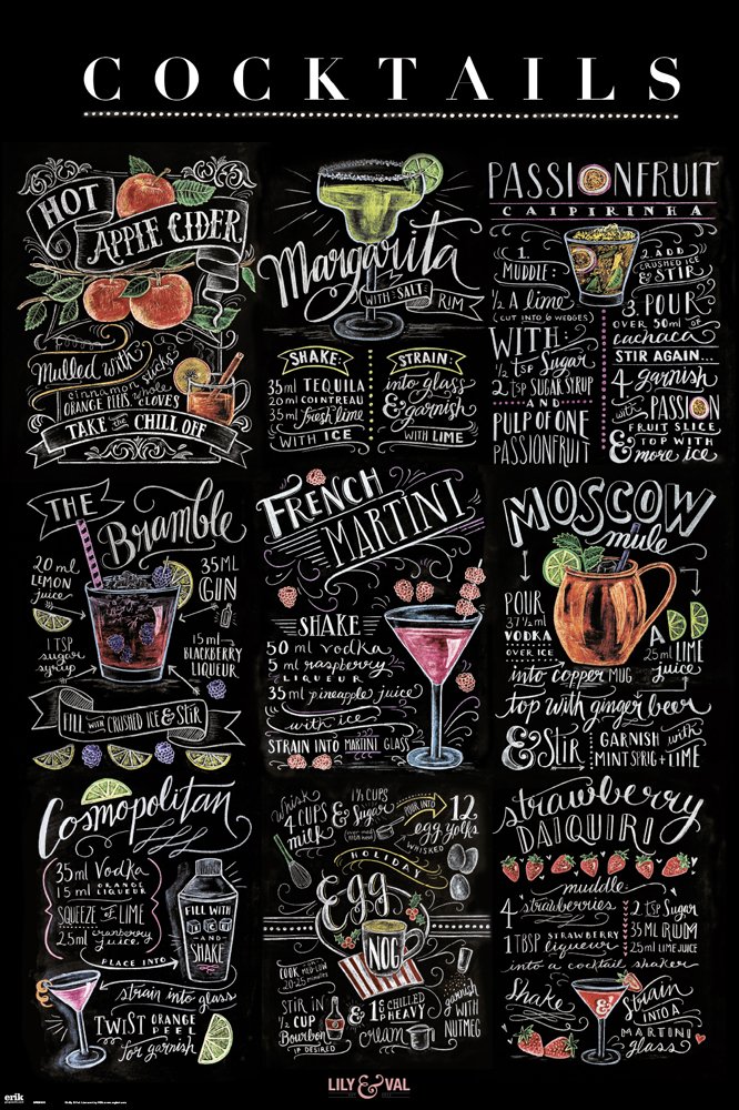 Lily & Val - Cocktails - Mixdrink - Poster Druck 61x91,5 + 2 St Posterleisten Kunststoff 62 cm schwarz