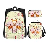 WURTON Giraffe Herz Blume Schmetterling Druck Trendy Rucksack Taschen Lunchbox und Federmäppchen 3 in 1 Verstellbarer Rucksack Set, Schwarz, Einheitsgröße, Schwarz , Einheitsgröße