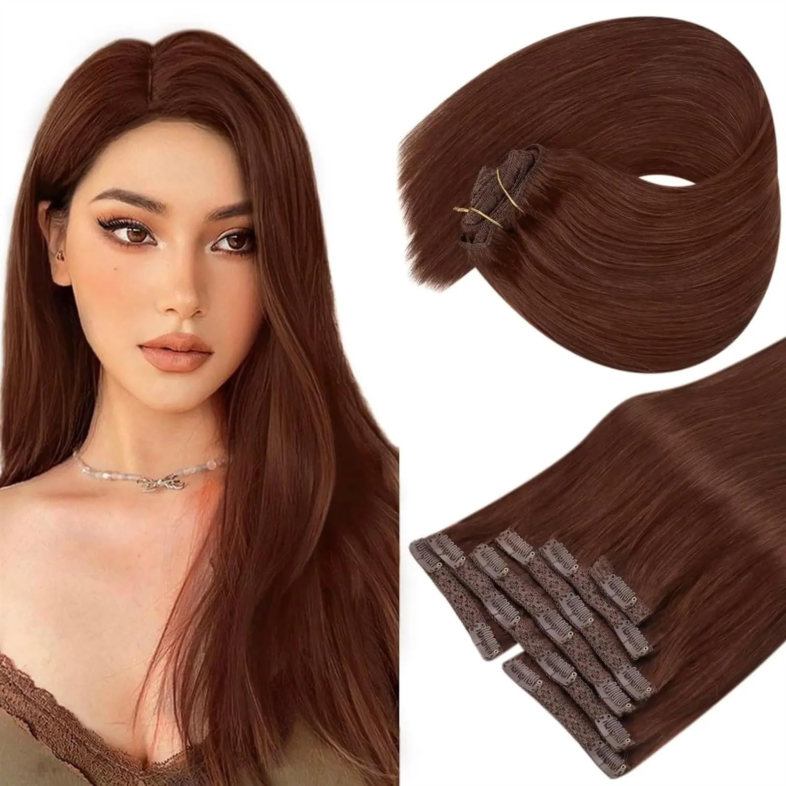 Clip-in-Haarverlängerungen Clip-in-Extensions aus Echthaar, 30,5–61 cm, 7 Stück, Clip-in-Haarverlängerungen, Echthaar, dunkelbraun, Clip-in-Haarverlängerungen, Auburn-Braun Clip-in-Haarverlängerungen