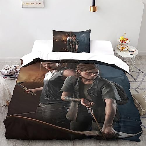 UKALOU The Last of Us Bettwäsche Set 3-teilig 3D-Druck Spiele Bettbezug, Kissenbezüge Und Bettlaken Mikrofaser Material Mit Verstecktem Reißverschluss Perfekt Für Jungen Und Mädch Single（135x200cm）