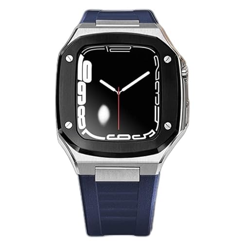 KANUZ Luxuriöses Metallarmband und Gehäuse-Modifikationsset für Apple Watch, 41 mm, 44 mm, DIY-Stahl, iWatch Serie 7, SE, 6, 5, 4, Mod-Set, 45 mm (Farbe: Schwarz / Silber-U, Größe: 45 mm)