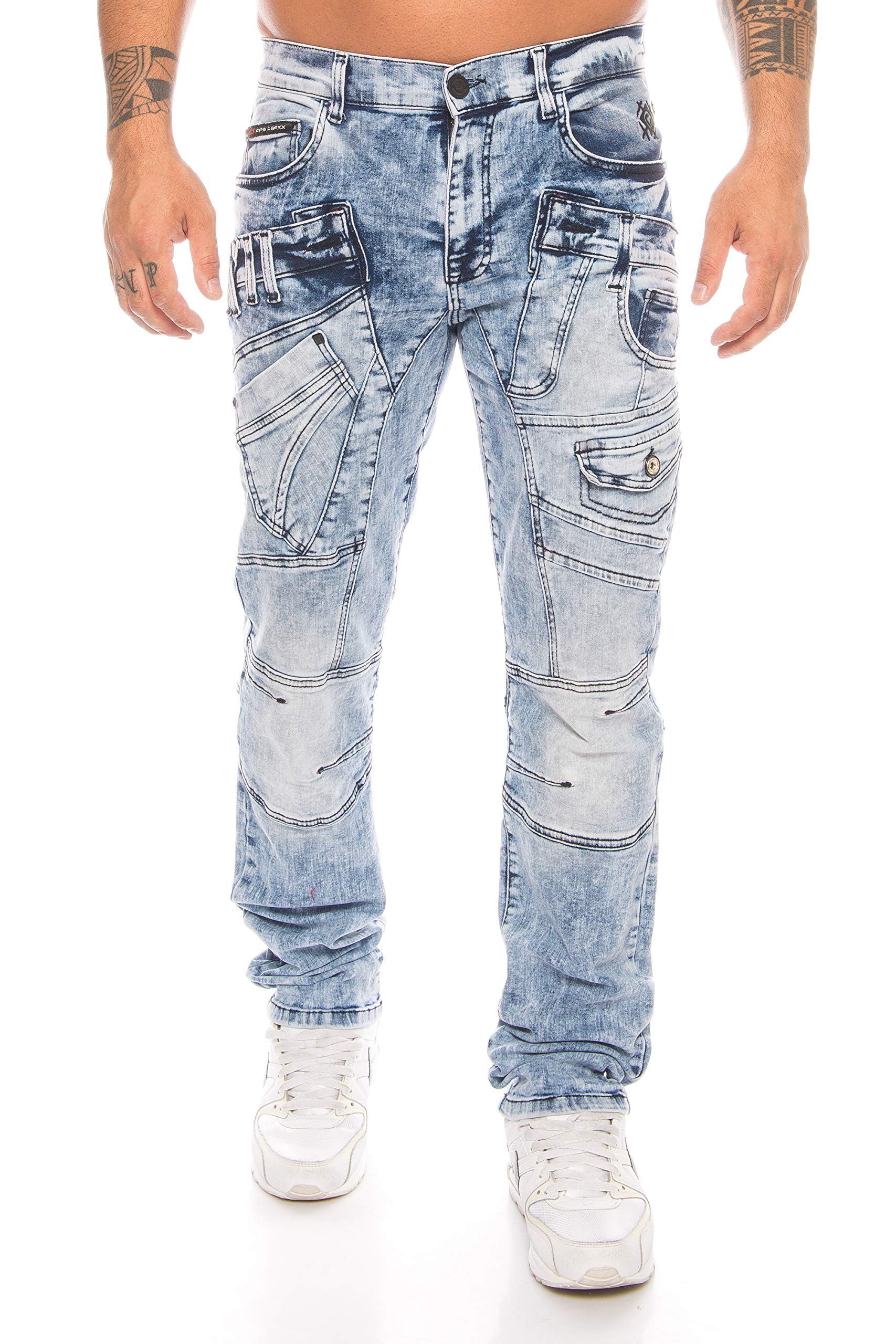 Cipo & Baxx Styliche Herren Jeans Hose mit vielen Details blau (W33/L32)