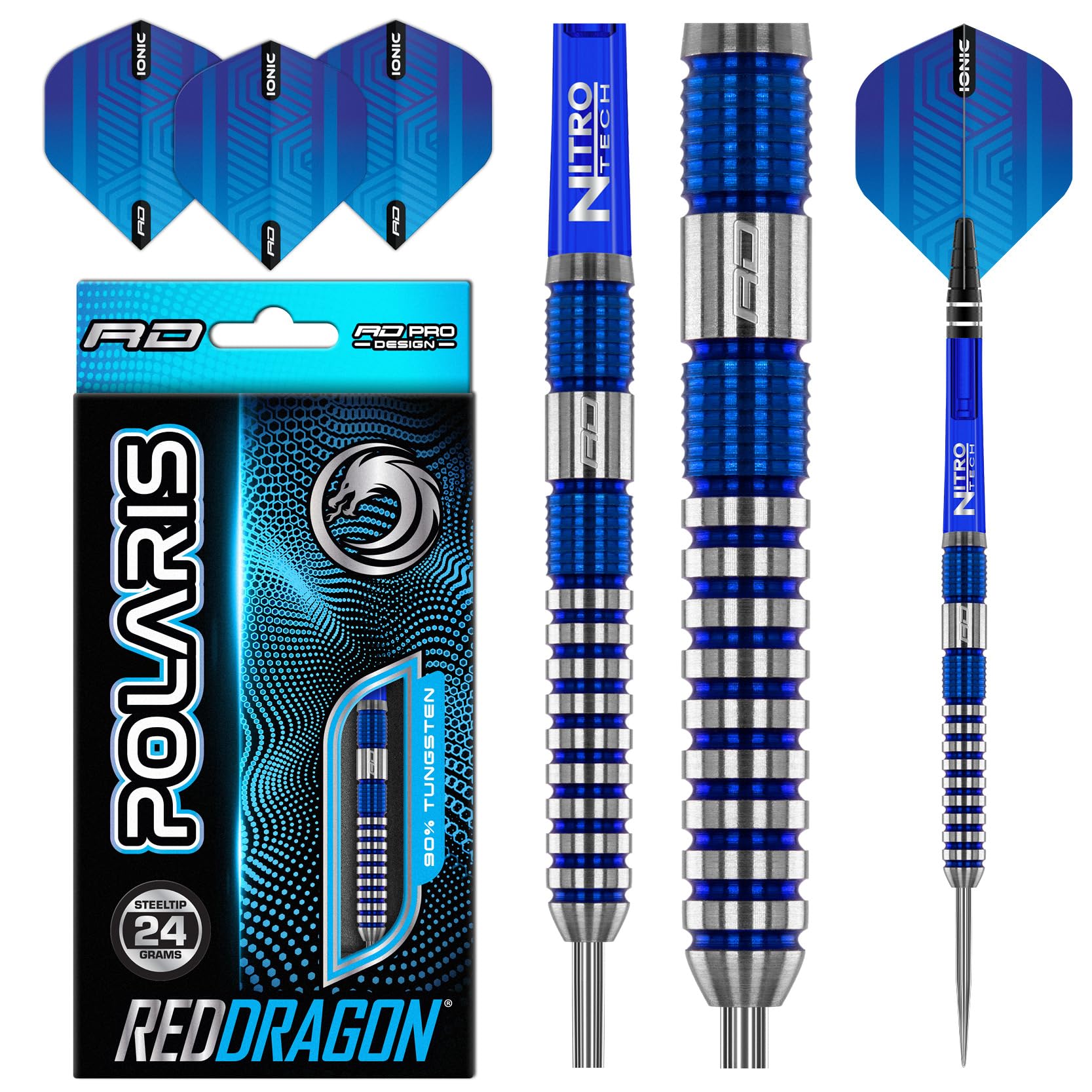 RED DRAGON Polaris: 24 gram Wolfram Professional Darts Set mit Flights and Nitrotech Shafts (Stems)