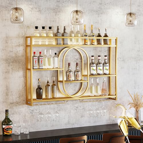 HSJFS Weinregal Bar Regale Wand Montiert Mit Weinglas Halter Rack Und Led Light Liquor Flasche Display Regal Whiskey Regal Küche Wandschrank Für Home Bar Cküche Esszimmer Dekoration/D/39.37"