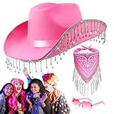 Cowboyhut Mit Strass-Quaste – Cowboyhut Für Damen | Faschings-Cowgirl-Hüte Mit Breiter Krempe | 3 Stück Cowgirl-Schal Für Damen | Herz-Brillen-Set Für Halloween, Maskerade, Abschlussfeier, Cosplay-Zub