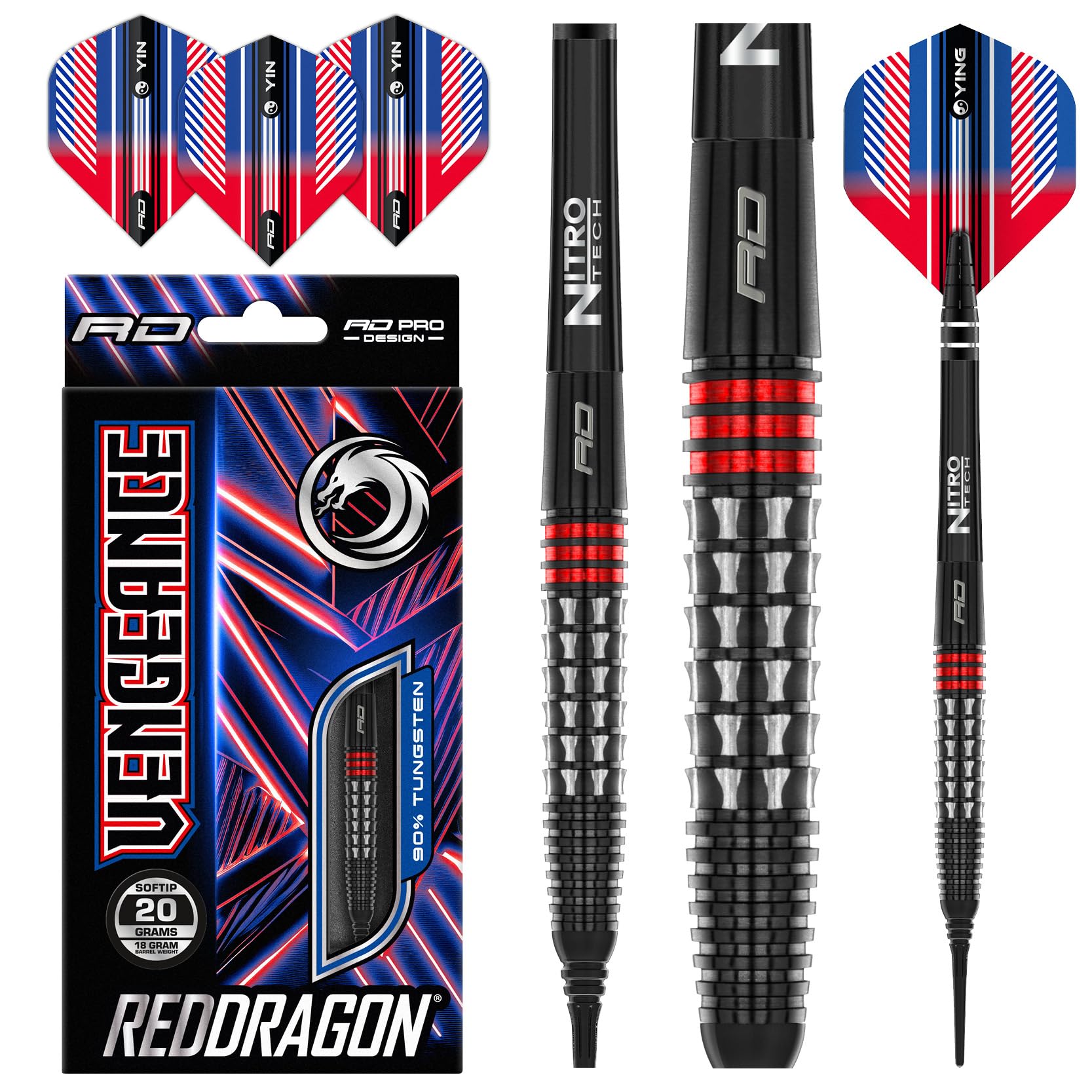 RED DRAGON Vengeance Red 20 Gramm Premium Wolfram Softip Dart Set mit Flights und Schäften