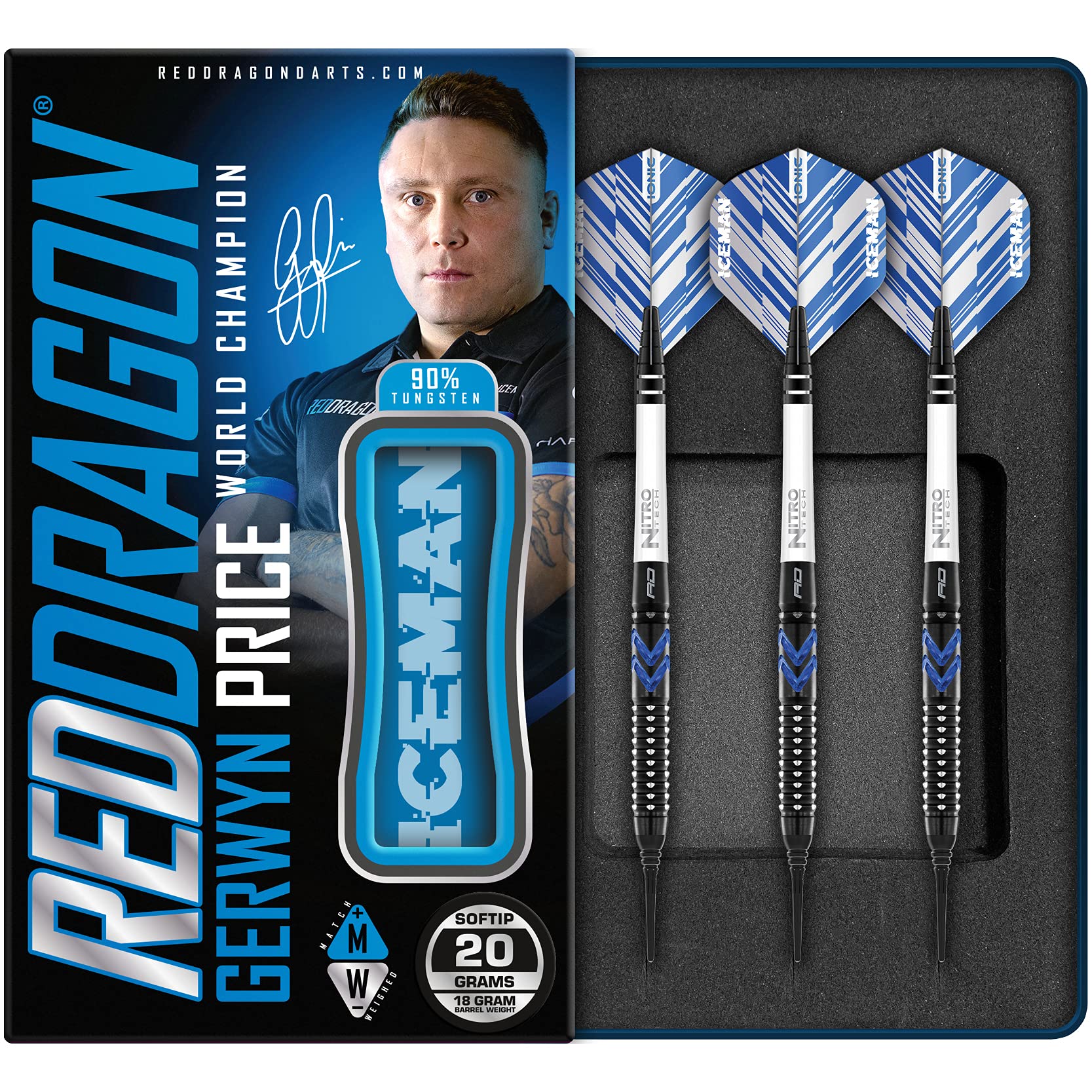 RED DRAGON Gerwyn Price Blue Ice SE Softip 20 gram - Tungsten Professional Darts Set with Flights and Nitrotech Shafts (Stems)