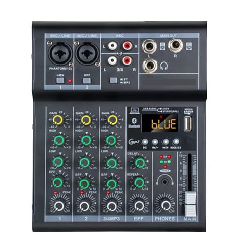 Richeyty Professionelle Digitale DJ-Mixer-Konsole, 4-Kanal-Audiomixer mit USB-Anschluss, UnterstüTzt Wiedergabe über Bluetooth-Verbindung, Schwarz