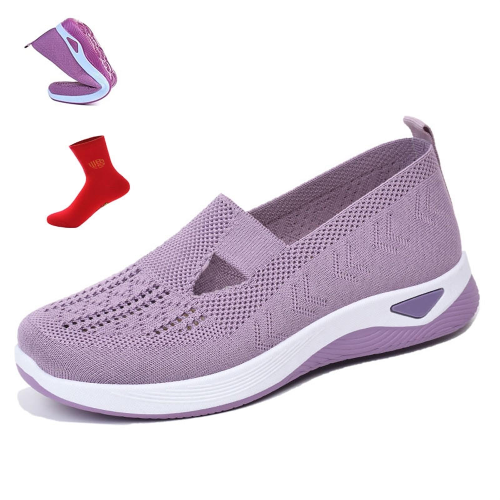 OTEB Bequeme, atmungsaktive Strick-Sneaker for Damen, Slip-On-Wanderschuhe for Damen, atmungsaktive Mesh-Sneaker(Light Purple,37 EU)