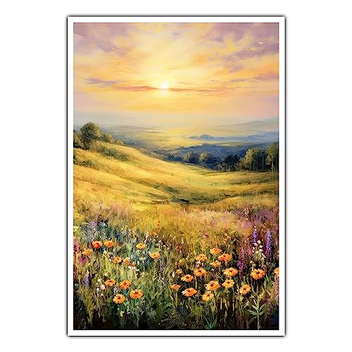 CanvasArts Frühling/Sommer Blumenwiese A - Poster - Blumen Landschaft Sonnenaufgang (70 x 50 cm, Poster, Blumenwiese A)