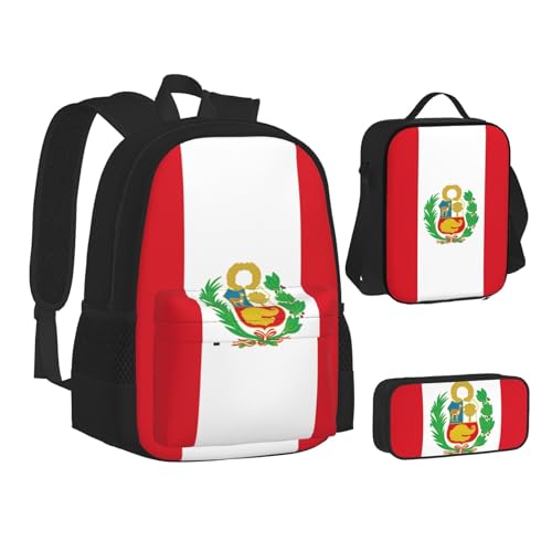 WURTON Lunchbox-Set, Motiv: Flagge von Peru, 3-in-1-Rucksack und Federmäppchen, passende Kombination, Schwarz, Einheitsgröße