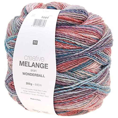 Rico Creative Melange Aran Wonderball Fabe 11, Farbverlaufswolle Nadelstärke 5 mm zum Stricken oder Häkeln, Wolle 200g Knäuel