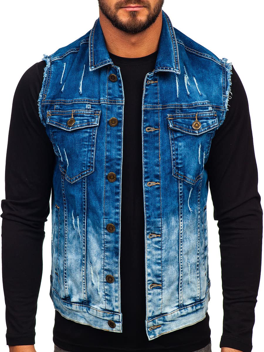 BOLF Herren Jeansweste mit Stehkragen Steppweste Bodywarmer Daunenweste Übergangsjacke Ärmellose Jeans Denim Jacket Freizeit Retro Outdoor Style Basic Casual Style G112 Dunkelblau L [4D4]