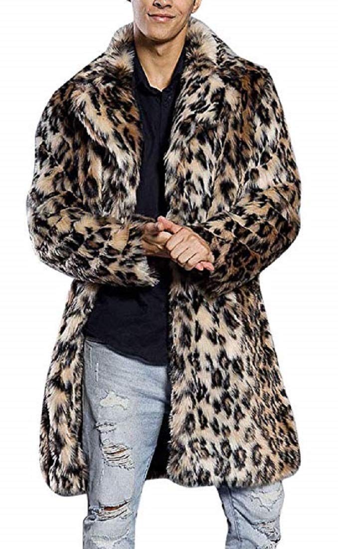 AKAUFENG Pelzmantel Kunst Felljacke Herren Leopard Muster Design, Winterjacke Mantel Kunstpelz Lange Jacke Faux Fur