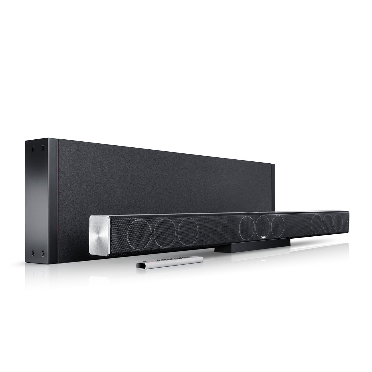 Teufel CINEBAR TRIOS 3.1-Set - Soundbar mit Kabellosem Flach Subwoofer, Aluminium Gehäuse, Dolby Audio, NFC, Bluetooth aptX, HDMI 3D ARC CEC‌ - Titan