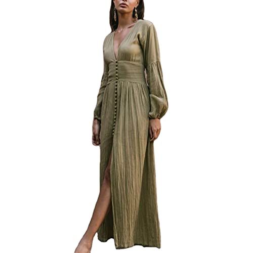 Freizeitkleid für Damen Französisch Langarm Tiefer V-Ausschnitt Laternenärmel Langer Rock Dehnbare Tunika Plissee Split Maxi Vintage Kleider Lose Lange Robe Damenkleid ( Color : Groen , Size : M SIZE