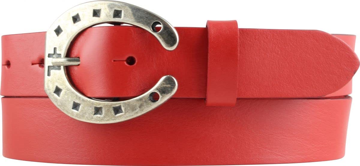 BELTINGER Kinder-Gürtel für Reiter mit Hufeisen-Gürtelschnalle aus Vollrindleder 3 cm | Reiter-Gürtel 30mm für Reithose | mit Pferde-Motiv | Rot 65cm