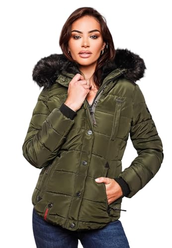 MARIKOO warme Damen Winter Jacke Winterjacke Steppjacke gefüttert Kunstfell B618 [B618-Lotus-Olive-Gr.XL]