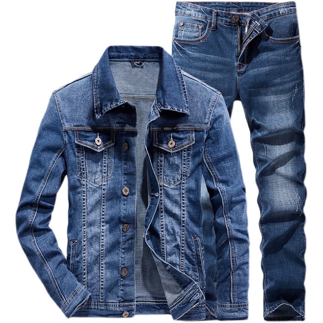 Hcclijo Herren Jeans Sets Einfach Blau Langarm Denim Anzug Zweiteiliger Paar Denim Anzug