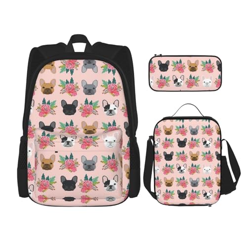 WURTON Schulrucksack-Set mit französischer Bulldogge und Blumen, 3-in-1, Büchertasche, Set mit Lunchbox, Federmäppchen, Reise, Laptop, Tagesrucksack