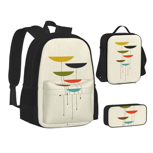 WURTON Büchertasche mit himmlischem Nachthimmel-Aufdruck, Lunch-Tasche, Federmäppchen, 3-in-1, Schulrucksack-Set, Kinderrucksack, Moderne Drucke von Mid Century, Einheitsgröße